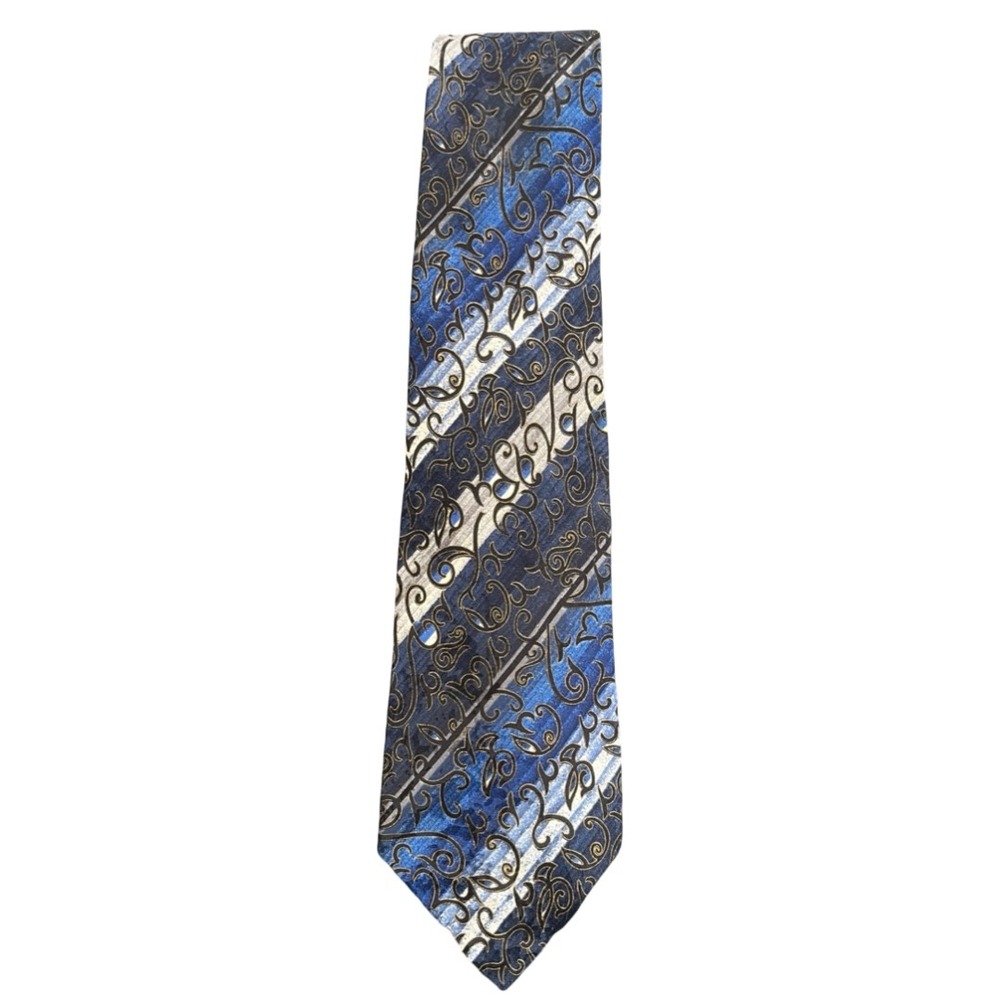 Enrico Guccini Mens Silk Tie Blue Silver Striped Filigree Scroll Pattern